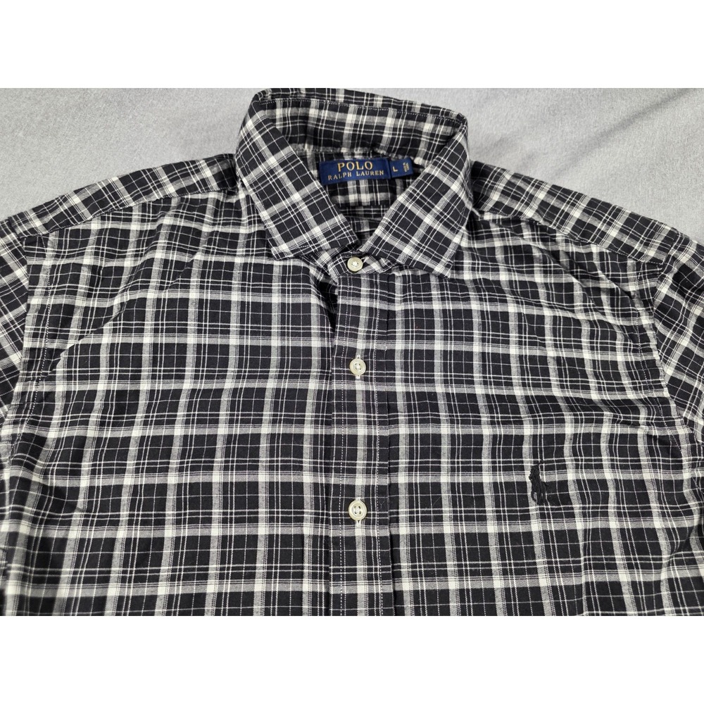 Polo Ralph Lauren Button Up Shirt Plaid Black Gray Mens Large, Preppy, Casual